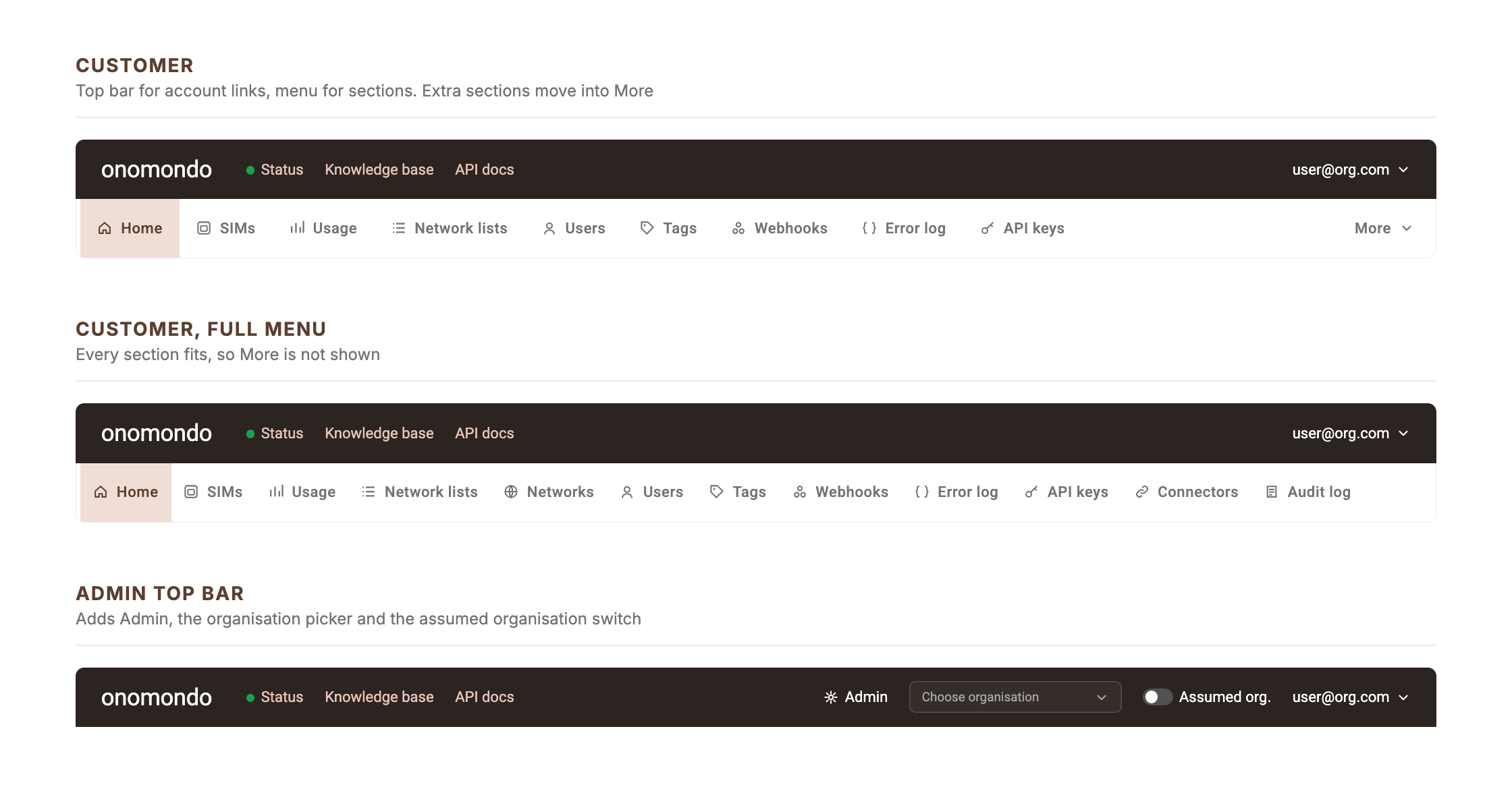 Navigation variants: customer, customer with the full menu, and the admin top bar
